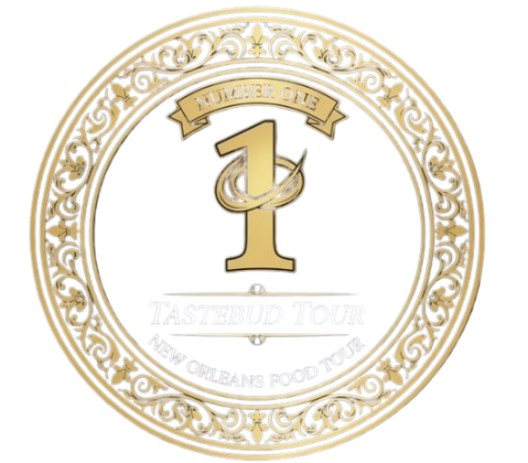 Ornate gold badge with 'Number One Tastebud Tour New Orleans Food Tour' written inside.