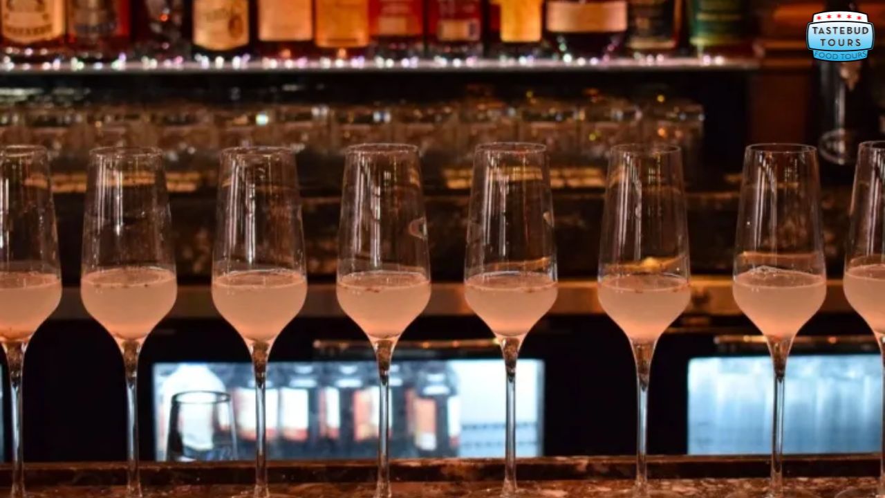 Seven champagne glasses with light pink cocktail on a bar.
