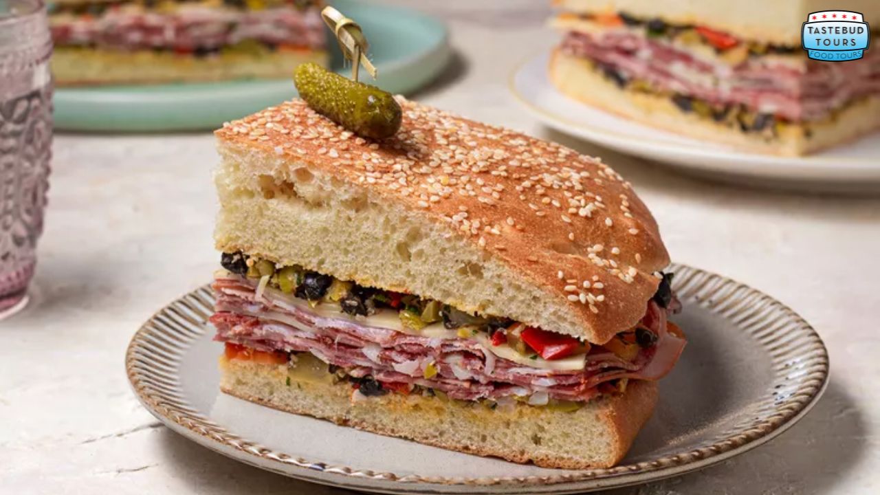 Slice of sandwich on sesame bread with meats, cheese, and veggies, topped with a pickle on a plate.