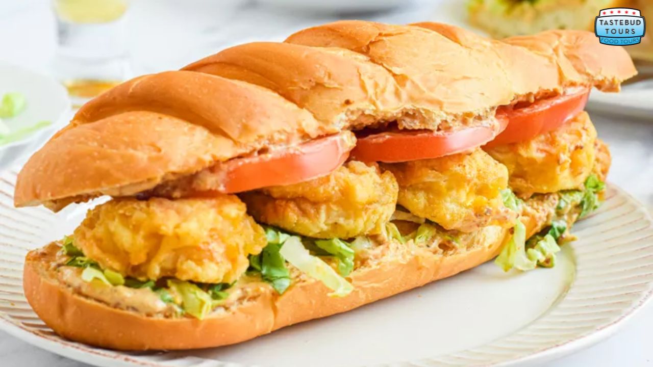 Shrimp po' boy sandwich with tomato and lettuce on a plate.