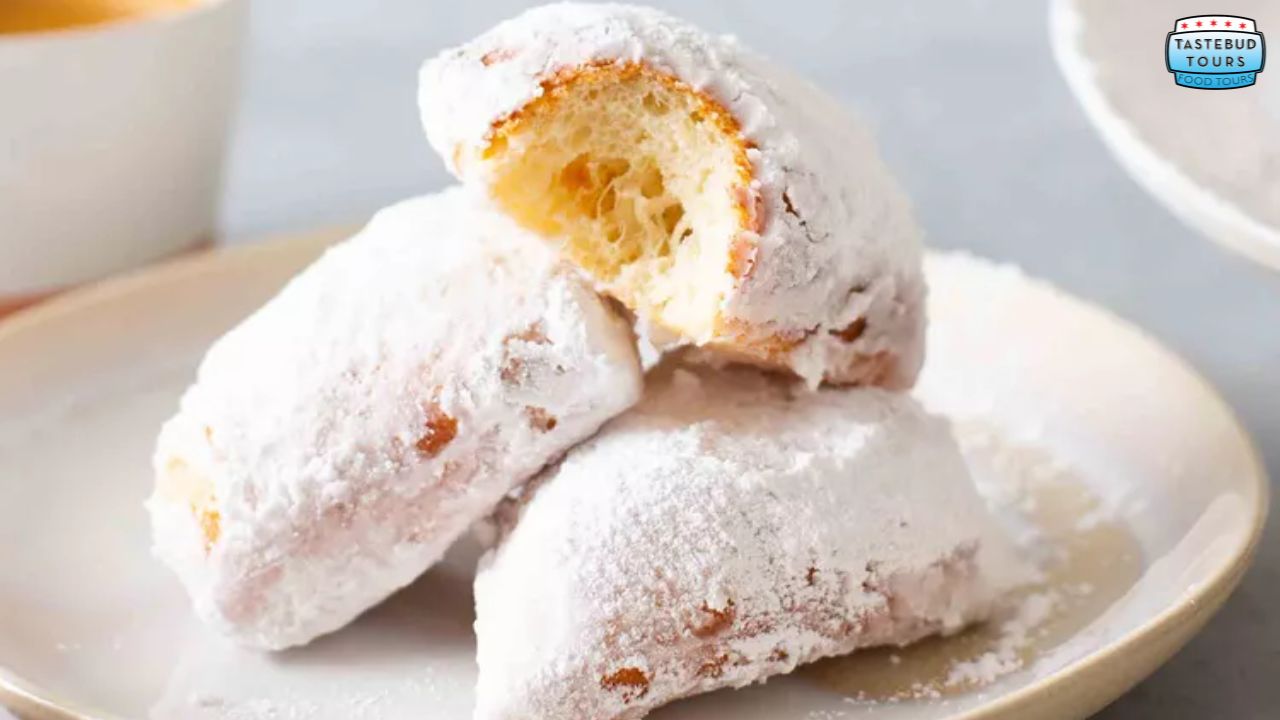 Three powdered sugar-covered pastries on a white plate.