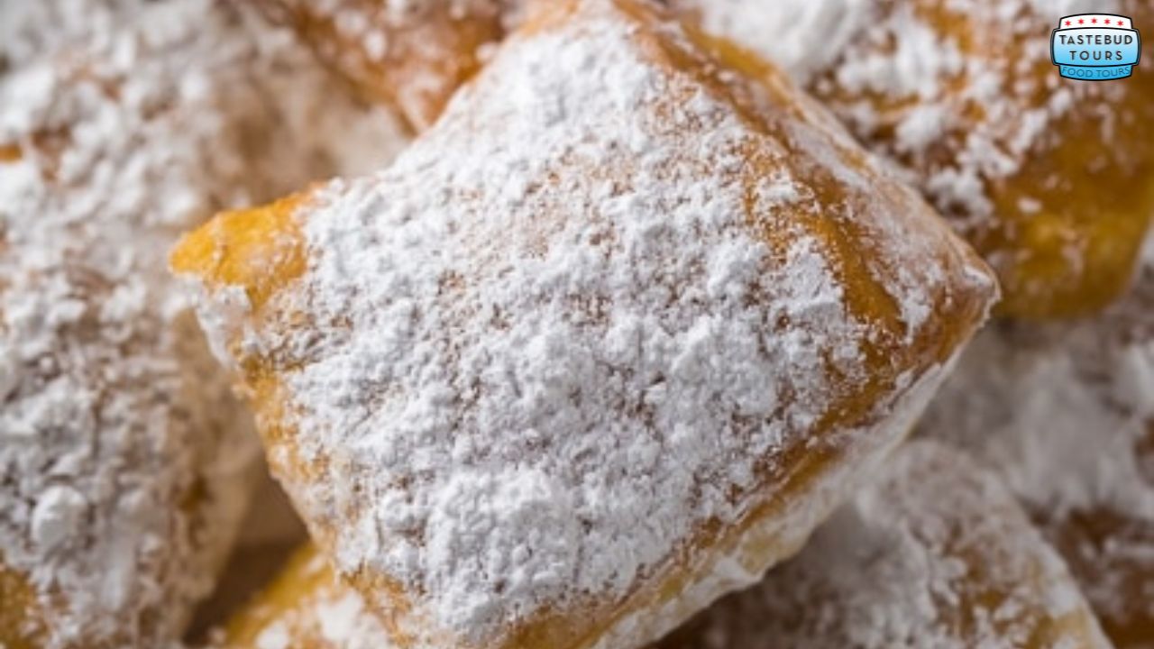 Close-up of powdered sugar-covered beignets.