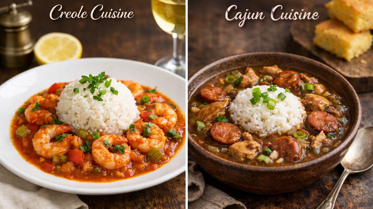 Split image: Creole shrimp and rice dish on left, Cajun sausage and rice dish on right.