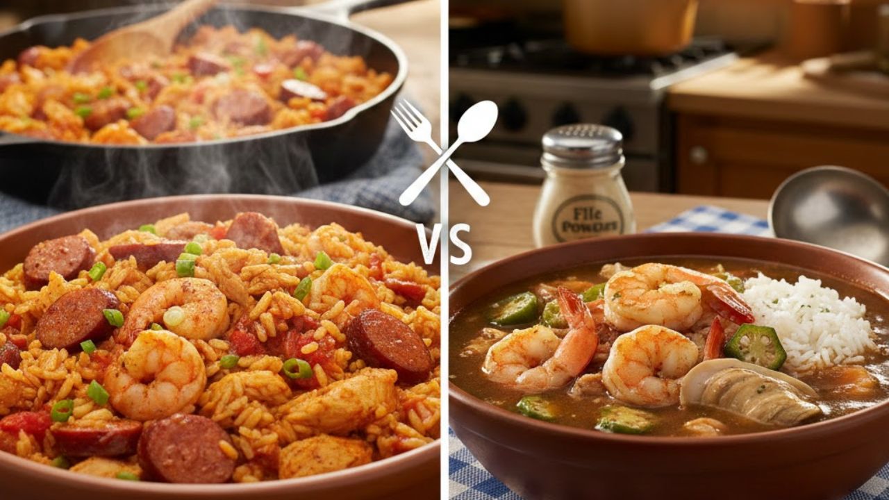 Split image of jambalaya and gumbo, with utensils and 'VS' in the center.