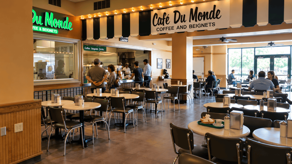 Inside Café du Monde in New Orleans, with customers enjoying coffee and beignets at café tables.