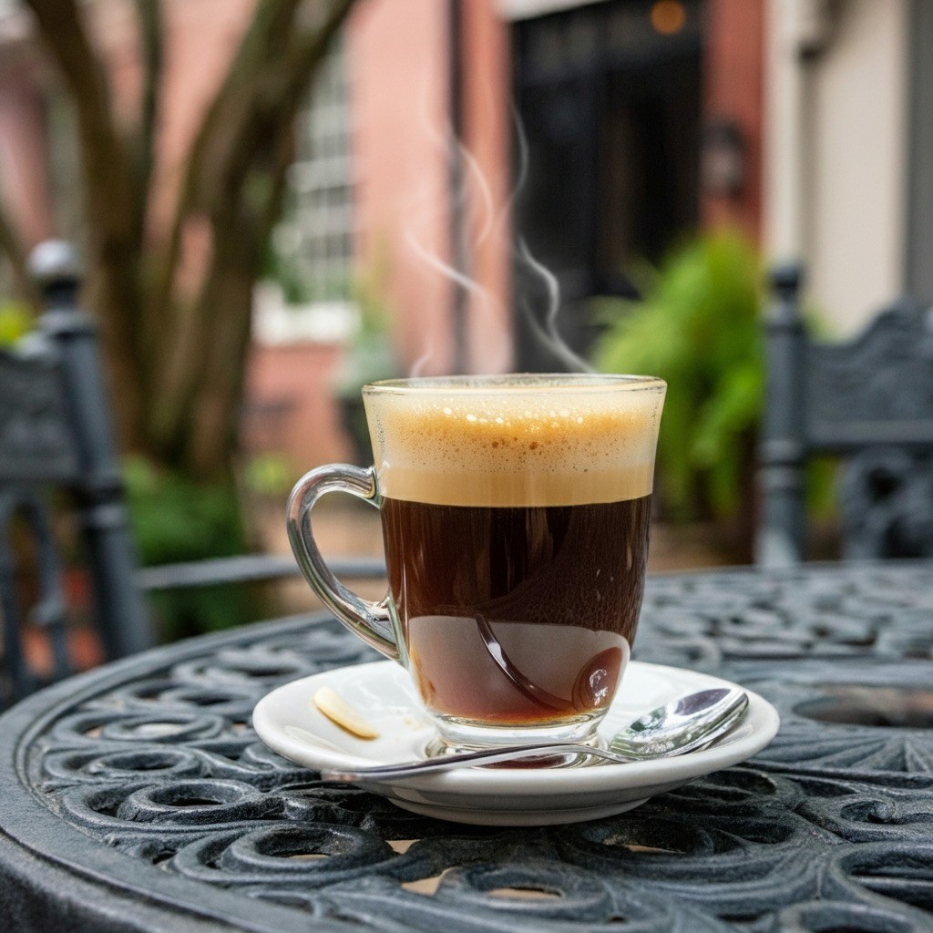Steaming cup of black coffee with a creamy foam layer on an outdoor café table.